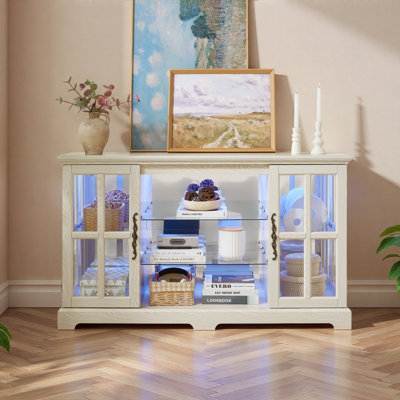 2 Grid Door Low Cabinet with Side Lattice & Vintage Handles, 2-Tier Adjustable Shelves, Multifunctional Glass Storage Cabinet for Dining, Living Room, Bedroom, Lounge