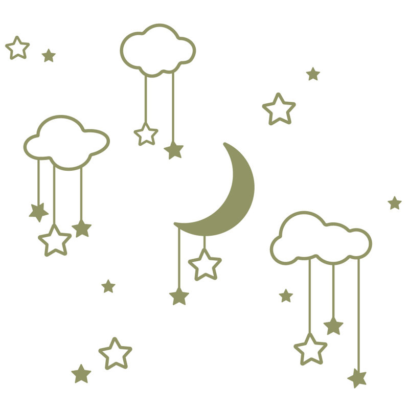 Décalcomanie murale étoiles et nuages lune, H 36 po x l 39 po x P 0,01 po, Olive
