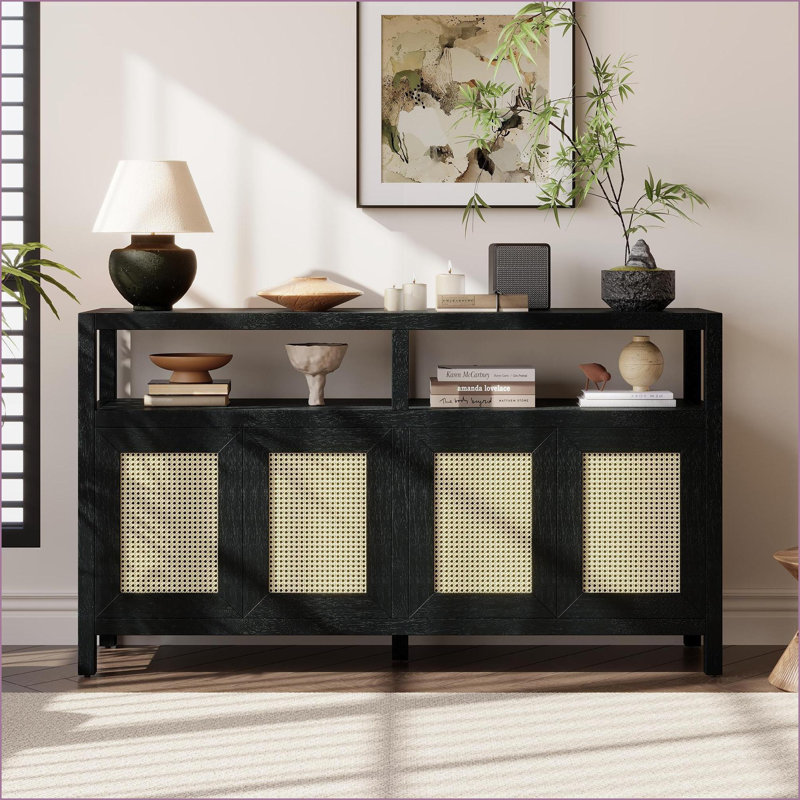 Sideboard with Push-to-Open Rattan Doors, Bohemian Black Storage Cabinet for Living/Dining Room | Solid Wood+MDF, Black