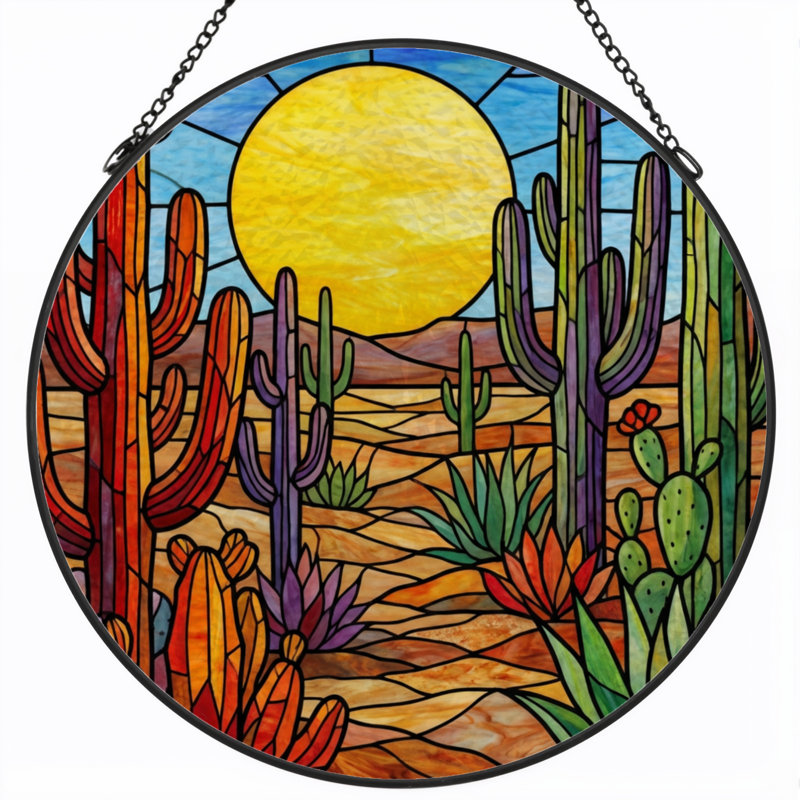 7.8"H Desert Cactus Stained Glass Window Panel, 7.8" H x 7.8" W