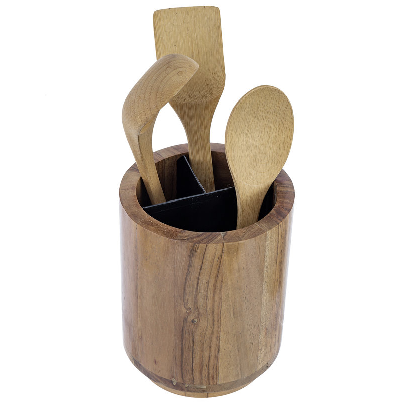 Solid Wood Cylinder Utensil Crock