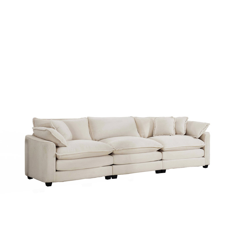 Canapé modulaire Mid-Century 3 places avec 2 accoudoirs et 3 coussins décoratifs, Beige