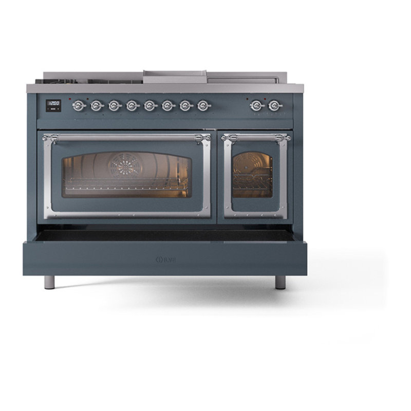 ILVE Nostalgie II Series Noblesse 48 inch Dual Fuel Range 5 Sealed Burners, Griddle, Frenchtop (Glass Door), Liquid Propane