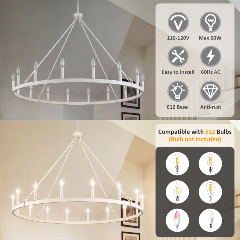 Moomal Candle Style Dimmable Wagon Wheel Chandelier, Distressed White, 16