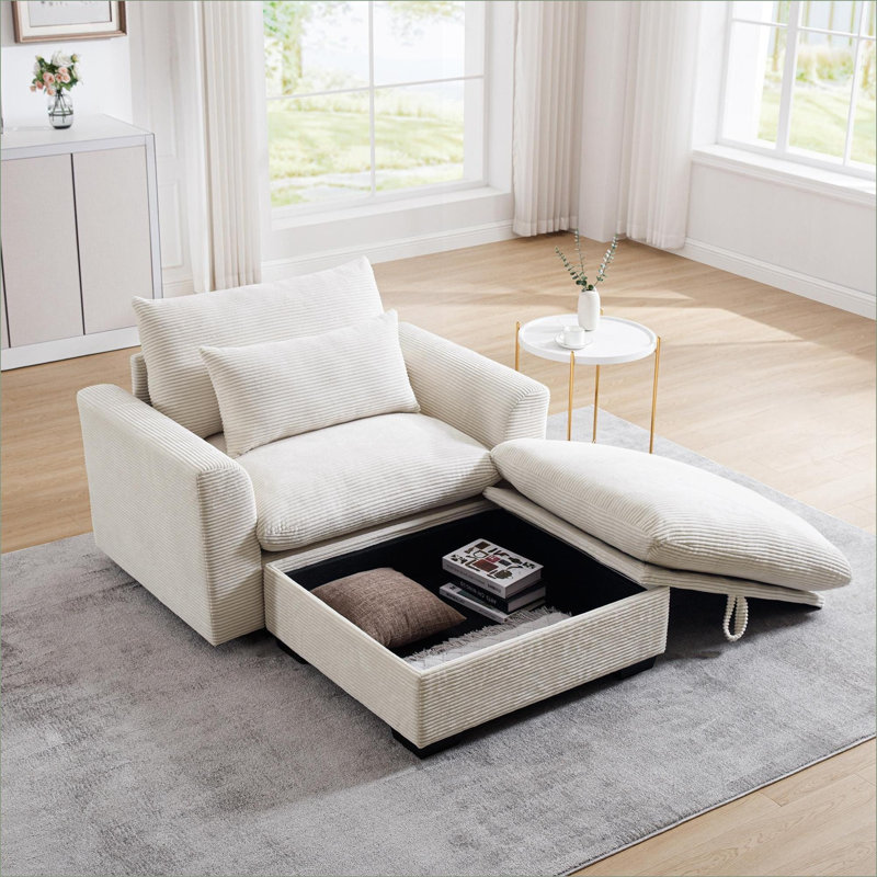 Canapés-lits | Canapé moderne à assise profonde avec repose-pieds avec rangement, pour salon et bureau | Beige | Velours côtelé