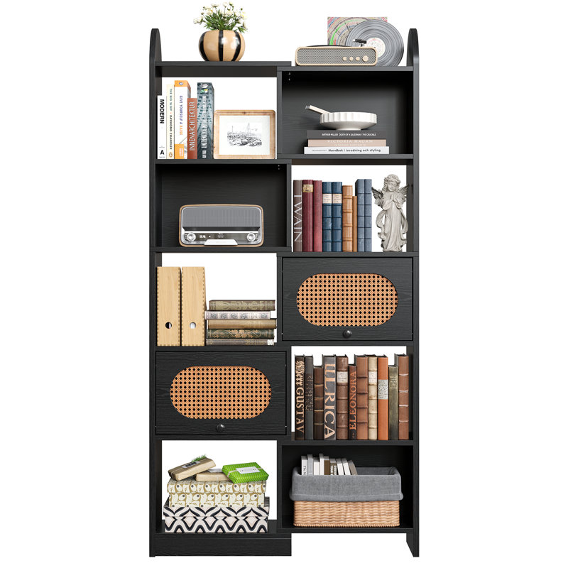 70.63"H x 35.4"W Bookcase With 2 Rattan Flip-Top Cabinets, 8-Cube Storage Shelves For Display And Organizing, Bookshelf For Living Room