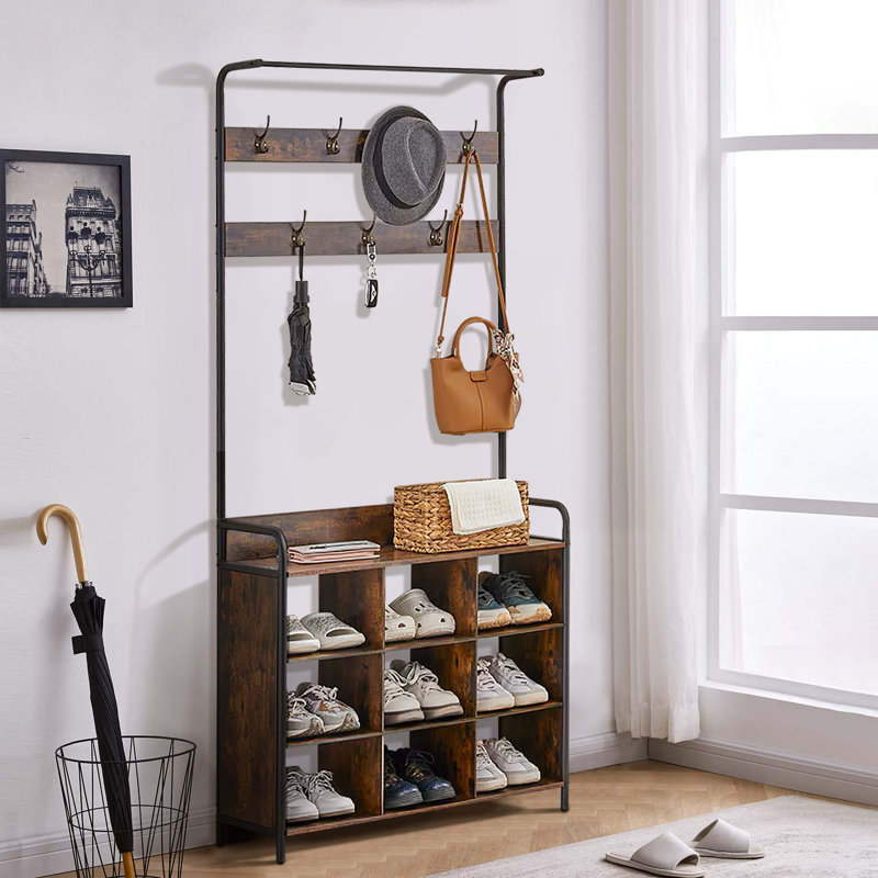 Portemanteau, portemanteau avec porte-chaussures pour le vestibule, portemanteau 3-en-1 et support de rangement, avec 7 crochets, une tringle à vêtements