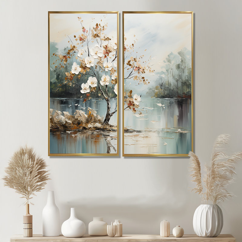 Art japonais sur toile, "Japanese River Forest", 40" H x 40" W, Impression encadrée flottante, Gold