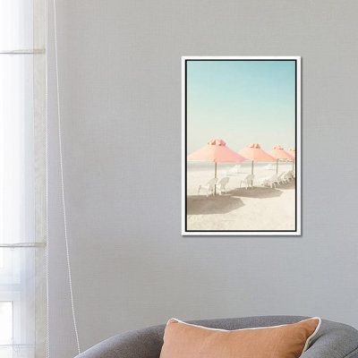 Pastel Umbrellas In The Beach by Caroline Mint - Wrapped Canvas Print