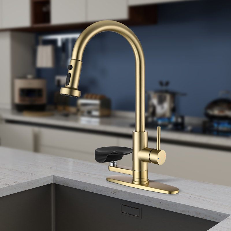 Topcraft Single-Hole Single-Handle Pull-Down Kitchen Faucet With Base Plate, Brushed Gold