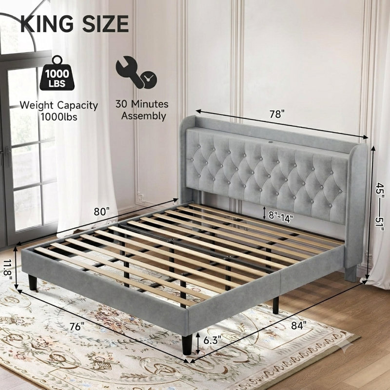 Velvet Tufted Upholstered Platform Bed with Charging Station (Light Gray, King Size), Light Gray, King