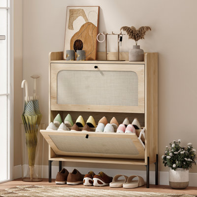 HOMCOM Boho Narrow Shoe Cabinet, Shoe Rack with 2 Flip Drawers