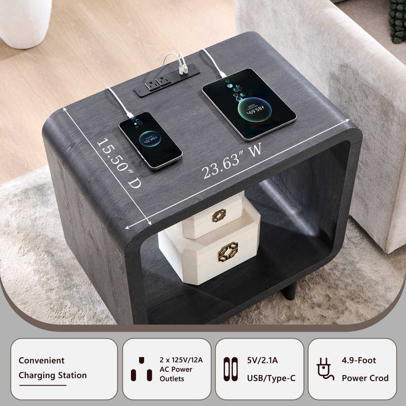 23.6" Modern End Table, 2 Tier Side Table with Charging Station & Open Storage Shelf, Simple Bedside Table with Outlet, Gray