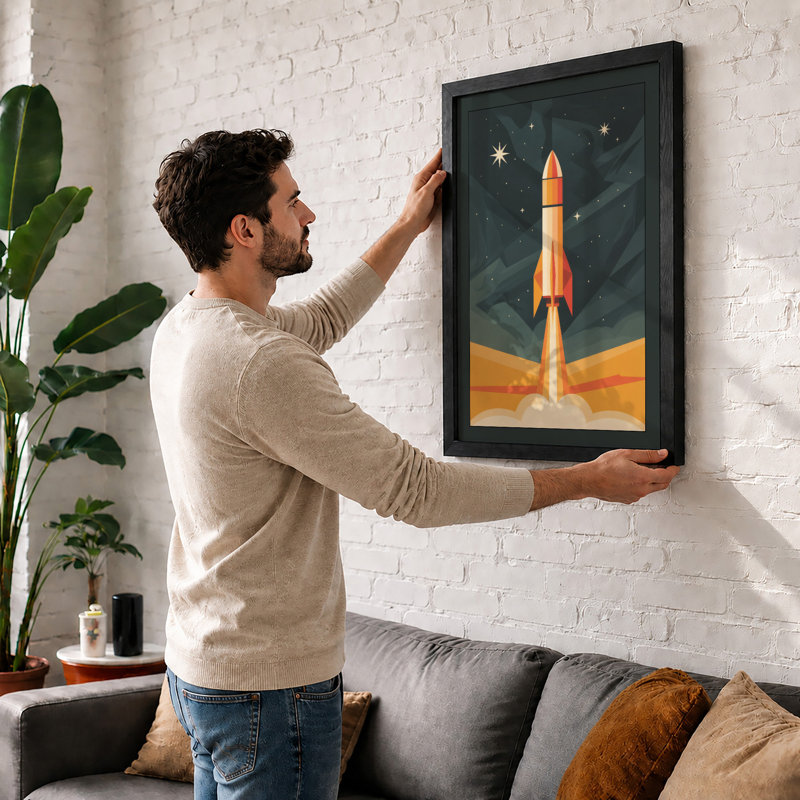 Rocket to the Stars Retro - Framed Print, A1 - 84.1 x 59.4 cm, Oak