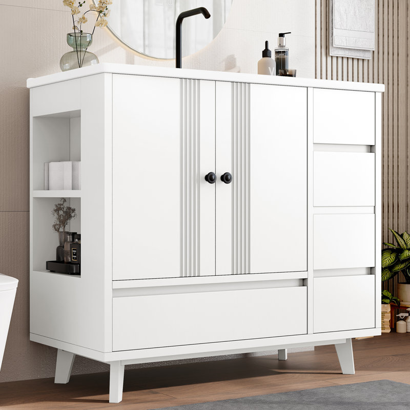 Meuble-lavabo de 36 po avec lavabo Roomfitters, armoire en bois massif avec tiroir latéral et tiroirs, gris, Gris