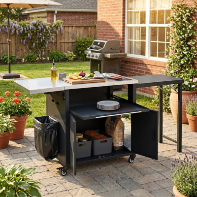 Foldable Outdoor Prep Station BBQ Cart Patio Dining Cart Foldable Outdoor Kitchen Island Grill Cart With Trash Rack
