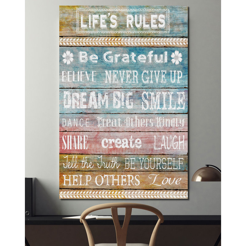 Life Rules - impression d'art textuel, H 18 po x l 12 po x 1,5 po, Toile tendue