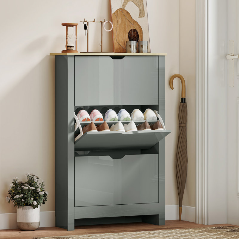 18 Pair Shoe Storage Cabinet, Gray/Natural Wood