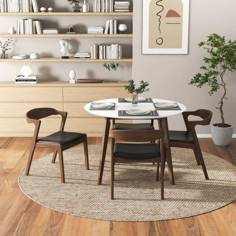 Table de salle à manger de style moderne Mid-Century en bois massif avec plateau blanc, H 29,5 po x L 43 po x l 43 po, Blanc