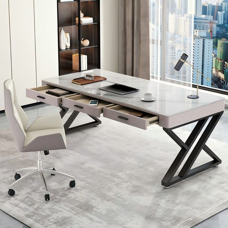 Bureau d'écriture rectangulaire en pierre frittée 55,12 po gris, 3 tiroirs, H 29,53 po x l 55,12 po x P 27,56 po