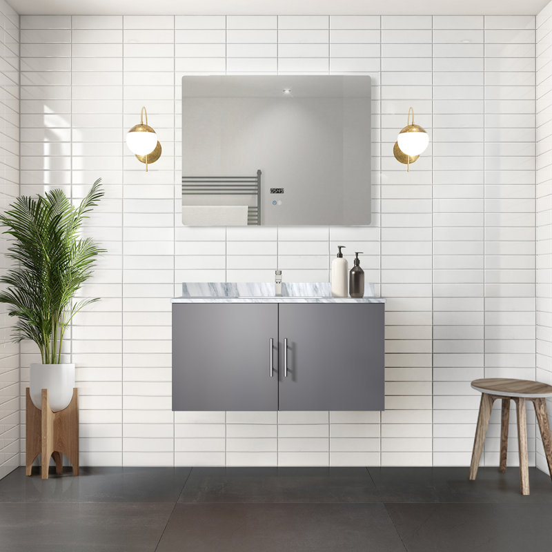 Geneva 36 in W x 22 in D Single Bath Vanity and Chrome Faucet Set, Dark Gray, White Carrara Marble