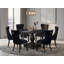L'ensemble de table de cuisine 7 pièces comprend une table ronde de 48 po avec piédestal et 6 chaises rembourrées en tissu de polyester noir, noir sablé-141864265-142034624