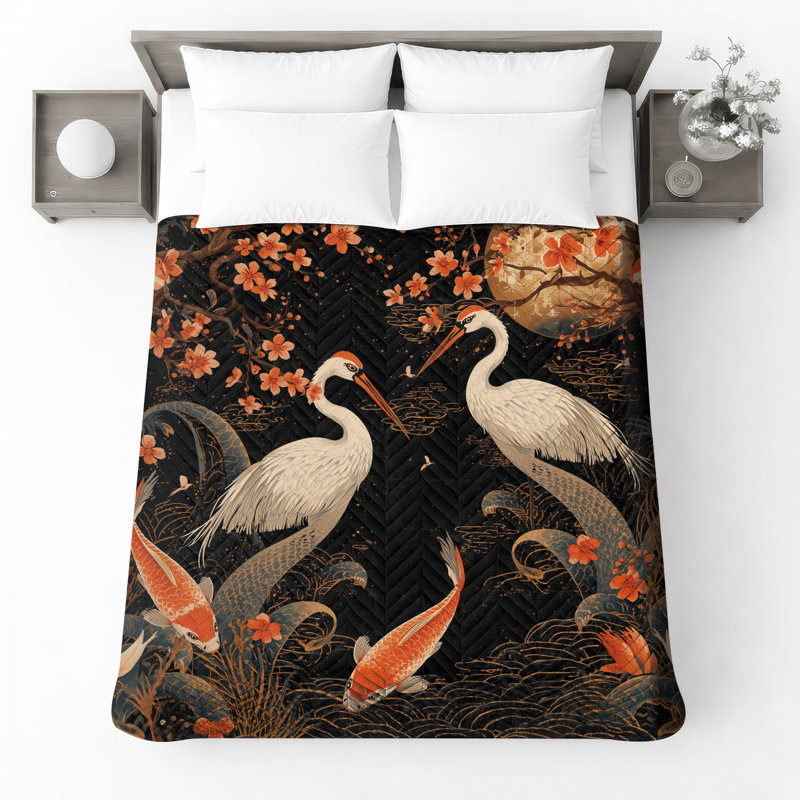 Couvre-lit matelassé Cranes and Koi, Grand lit