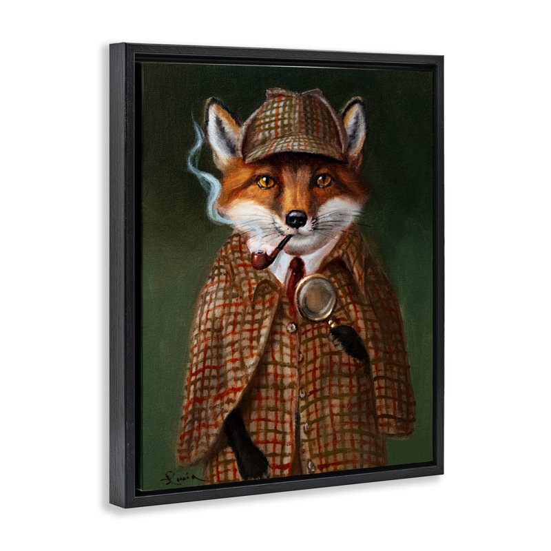 Détectif renard avec cadre flottant, design par Lucia Heffernan, Cadre flottant noir de jais, H 21 po x l 17 po