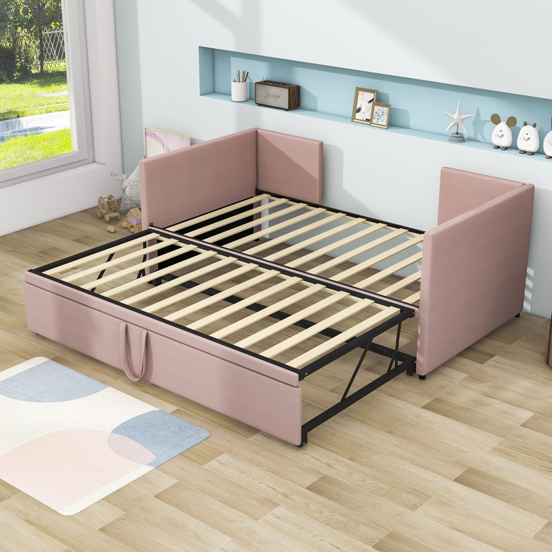 Upholstered Velvet Daybed with Trundle Bed, Pink