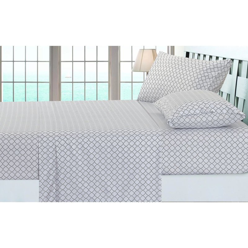 Ensemble de draps en microfibre géométrique, Ensemble de draps pour lit double avec un drap-hou, Blanc