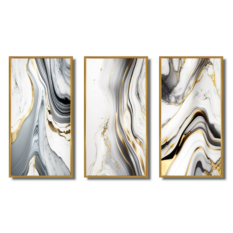 «Abstract Geode Marble Waves Grey», 3 pièces sur toile, Or, H 32 po x l 48 po