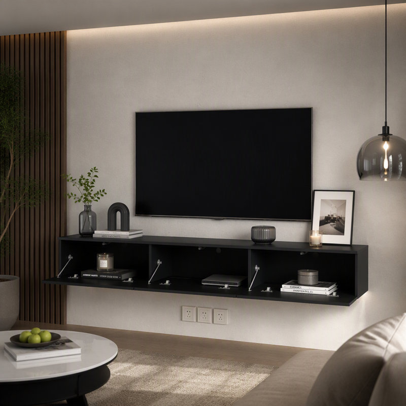 Support TV moderne de 67 pouces, support TV mural suspendu avec 16 DEL de couleur pour téléviseurs de 55, 60 et 65 pouces.