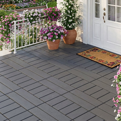 44pack Geometric Texture Plastic Interlocking Deck Tile with 12 Edge Strips, 4 Corner Pieces & 1 Pair of Gloves