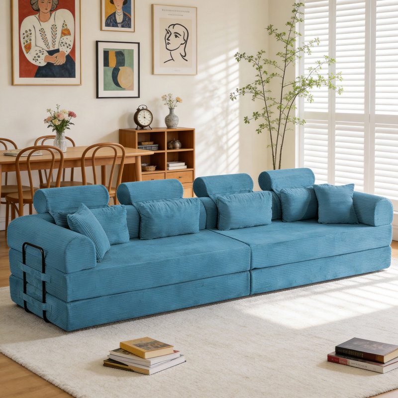 Canapé modulaire en L Boneless, Velours côtelé bleu clair