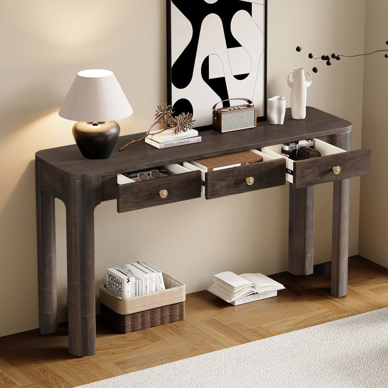 Chery 52'' Wooden Curved Console Table With 3 Concealed Drawers, Espresso
