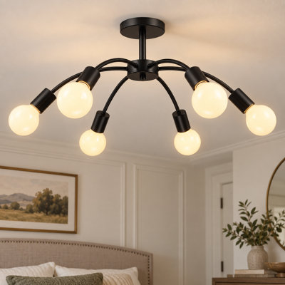 22" 6-Light Modern Sputnik Semi-Flush Mount Ceiling Light in Matte Black, Dimmable Globe Fixture for Living Room, Dining Room & Bedroom