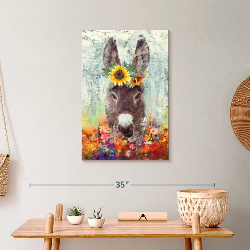Donkey Floral Crown sur impression sur toile, H 24 po x l 16 po x P 1,25 po