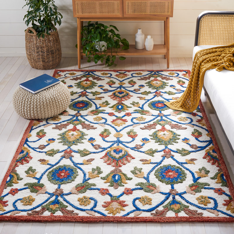 Blossom Hand Tufted Wool/Cotton Oriental Rug in Green/Ivory/Blue, Rectangle 8' x 10'