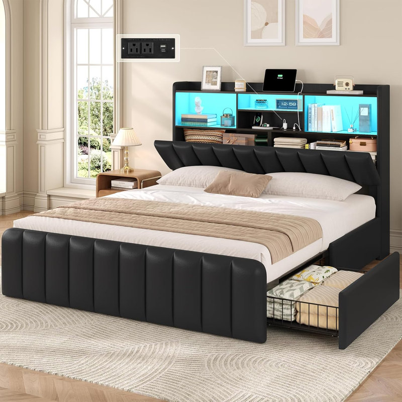 Cadre de lit double avec tête de lit bibliothèque, rangement dissimulé et 4 grands tiroirs, lampe DEL et station de recharge, sommier à lattes robustes, matelas sans ressorts requis, noir