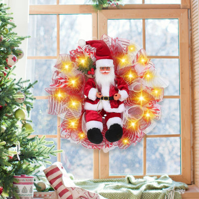 Pre-Lit Christmas Santa Claus Wreath, 45cm Stuffed Xmas Christmas Mesh Front Door Wreaths Hanging Ornaments Holiday Indoor Outdoor Decor Party Supplies Fireplace Window Festival Decor