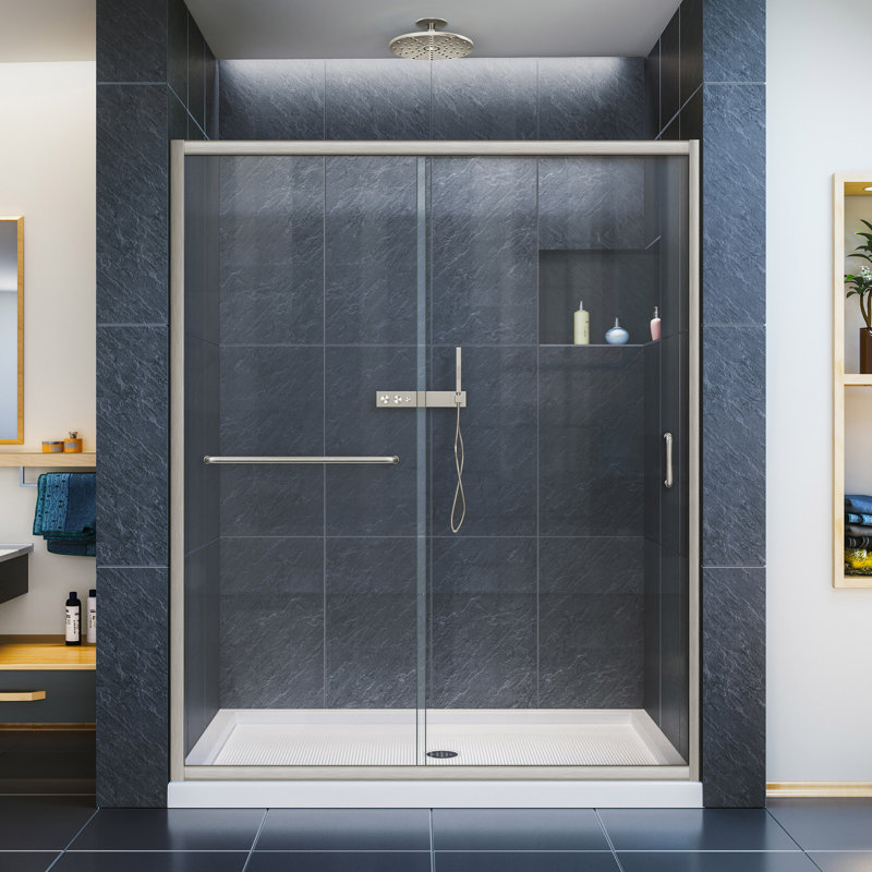 Infinity-Z 60" W x 30" H x 74.75" H Semi-frameless Sliding Shower Kit with Base Included, Brushed Nickel, Left