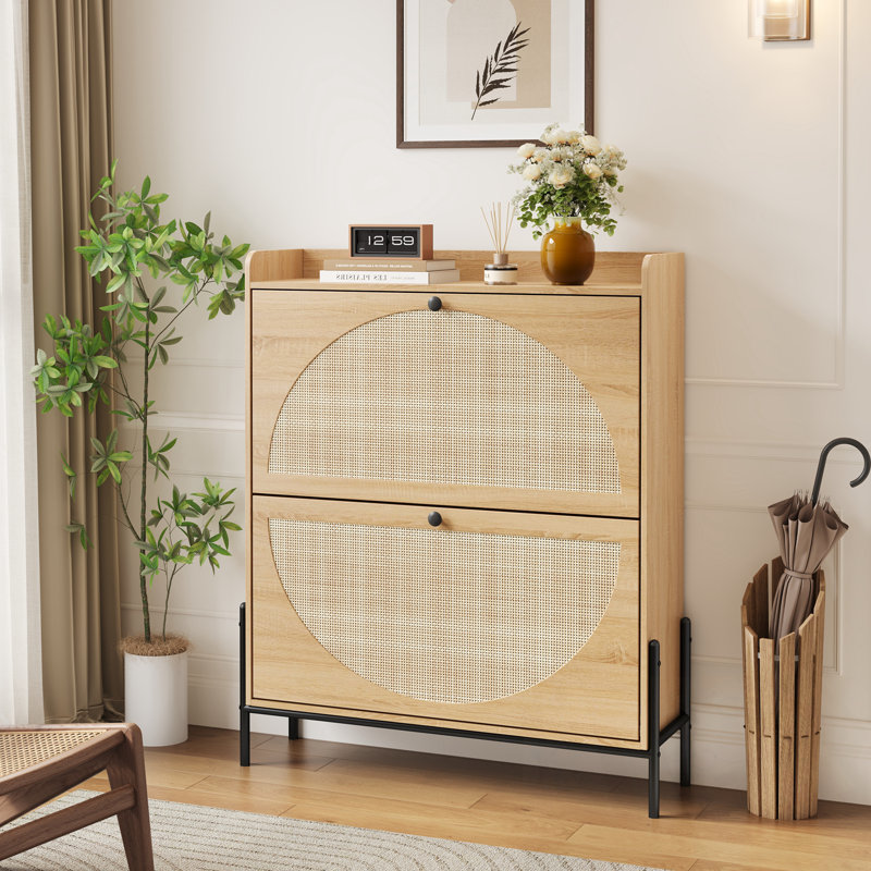 Shoe cabinet with 2 Flip Drawers and metal legs, Natural