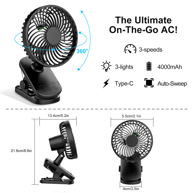 Portable Auto-Oscillating Clip-On Fan,4000mAh,3 Speeds