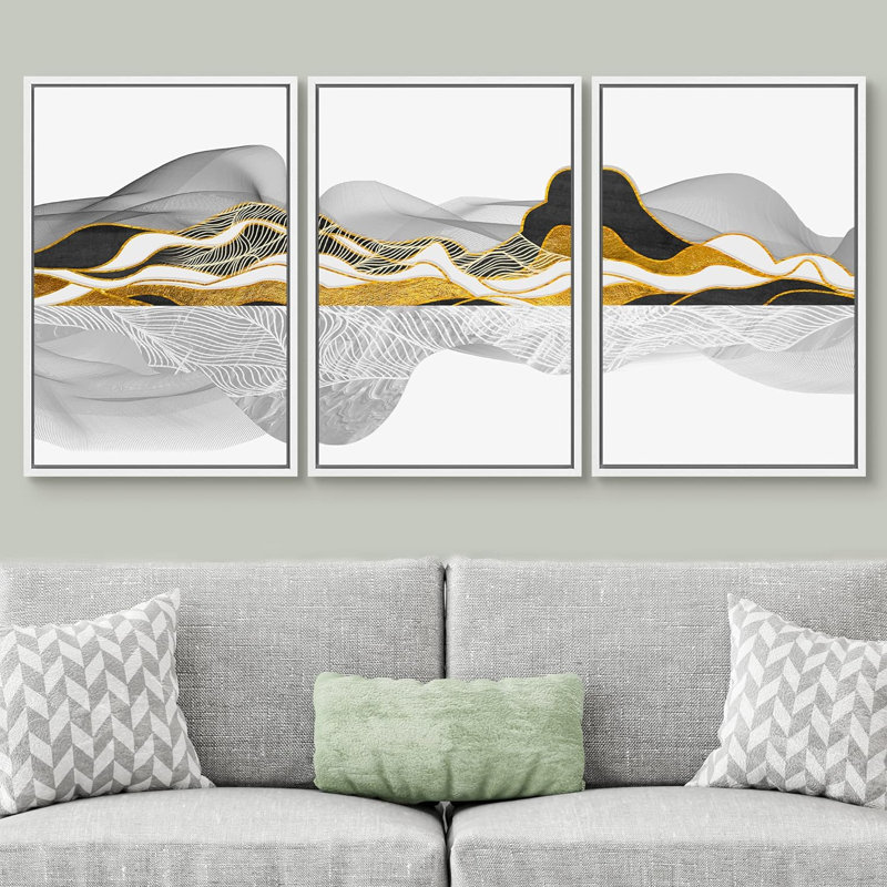 Abstract Mountain " Gold Marble Wave Mountain Range Landscape Illustration Modern Art Decor Nordic Calm Zen " 3 Piece Art Print