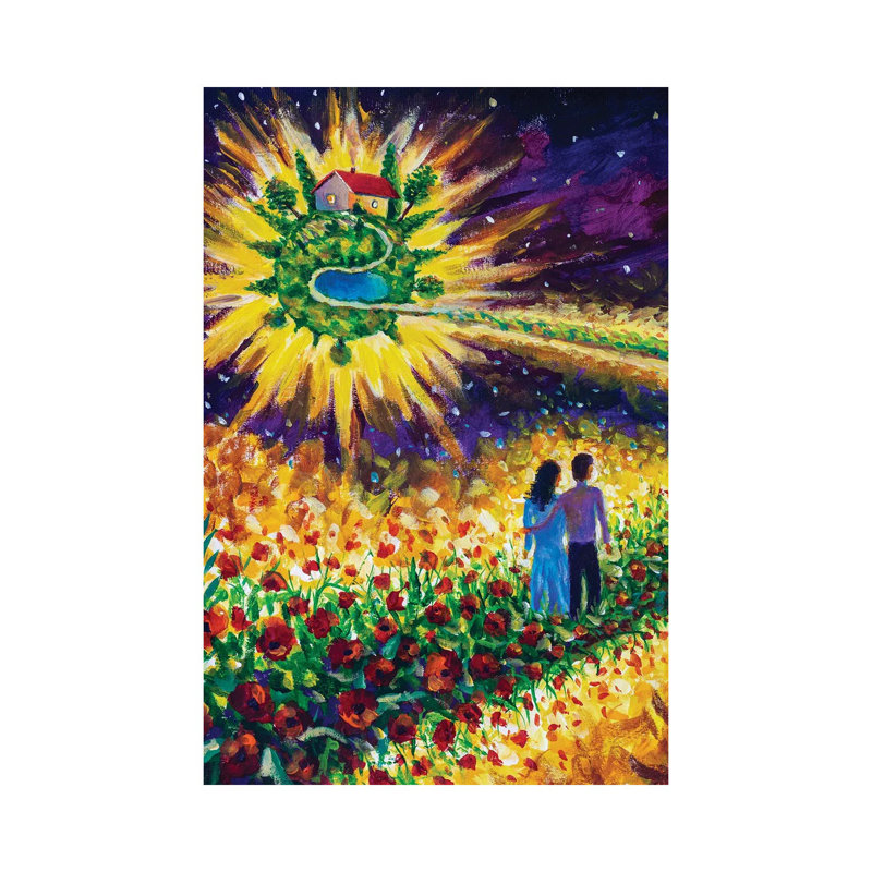 Couple In Love Walk Flower Road In Cosmos To Dream by Valery Rybakow - Wrapped Canvas Painting