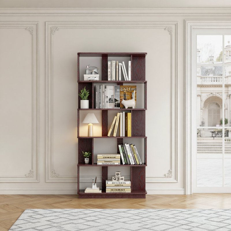 Bibliothèque moderne à 5 niveaux avec rangement ouvert, 31,5 po, Ox Blood Red