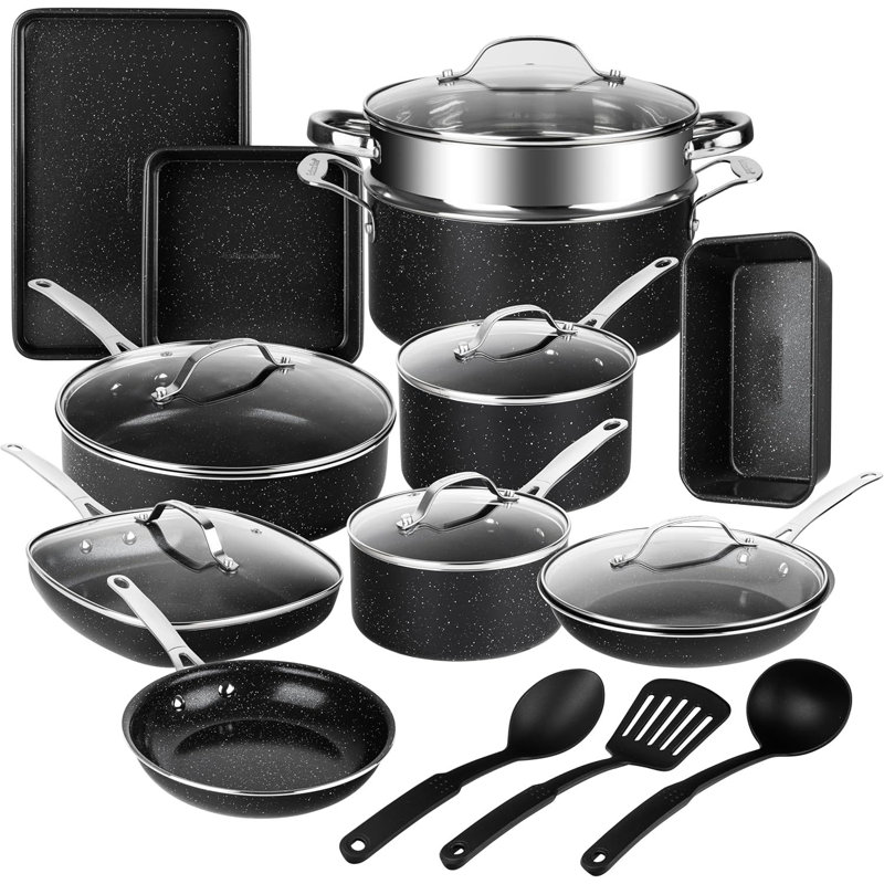 Batterie de cuisine antiadhésive en céramique 20 pièces avec ustensiles de cuisson et ustensiles Granitestone, Noir