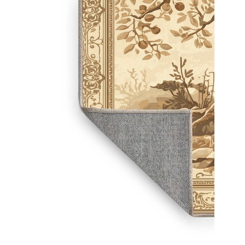 Machine Washable Parnika Tree Of Knowledge Classic Oriental Rug in Beige – Beige Binding, 5x8