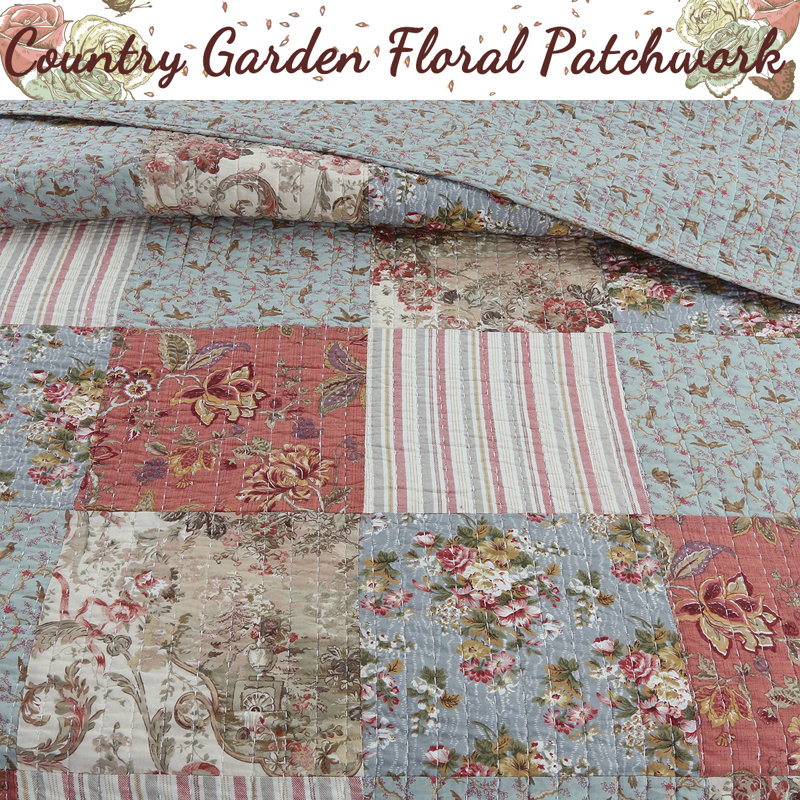 King Size Ivory Cotton Reversible Floral Patchwork Quilt Set