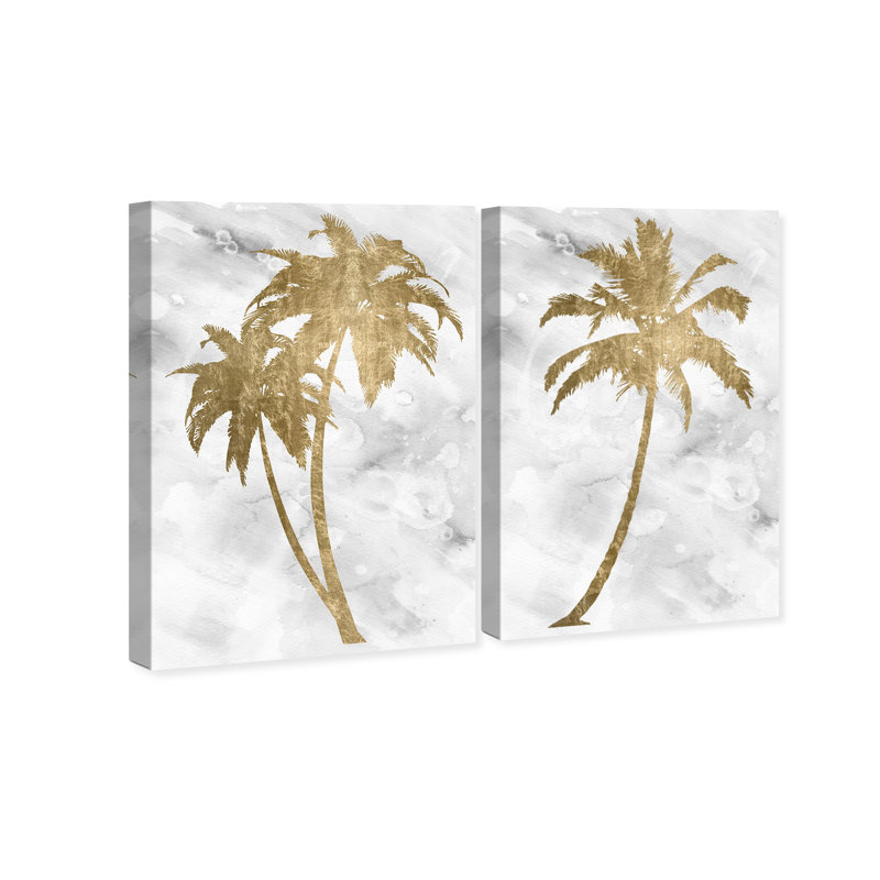 Palmier doré ensemble moderne blanc - ensemble de 2 toiles tendues sur toile tendue, H 45 po x l 60 po